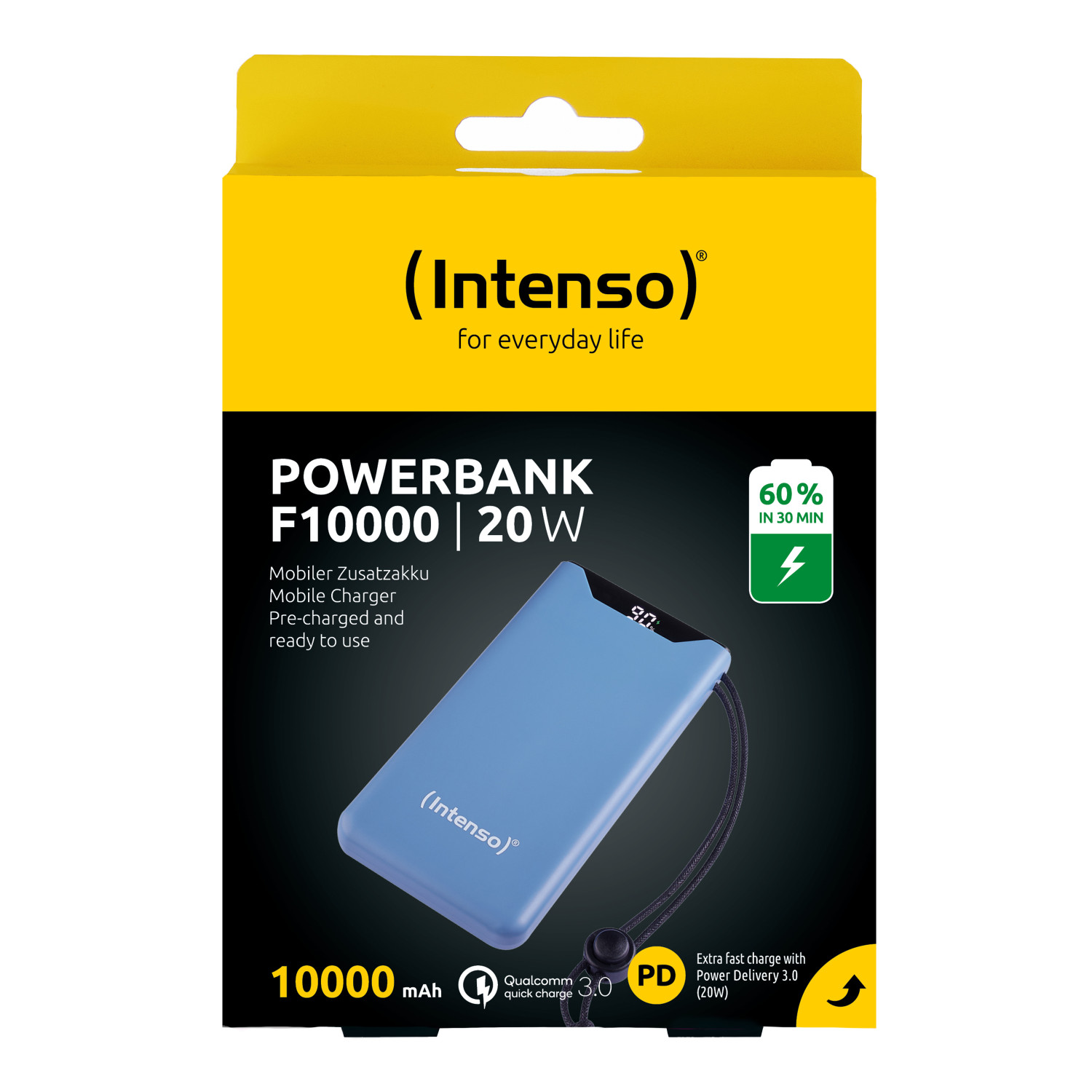 Een blauwe Intenso Powerbank F10000 20W met laadindicator op geel-zwarte verpakking.