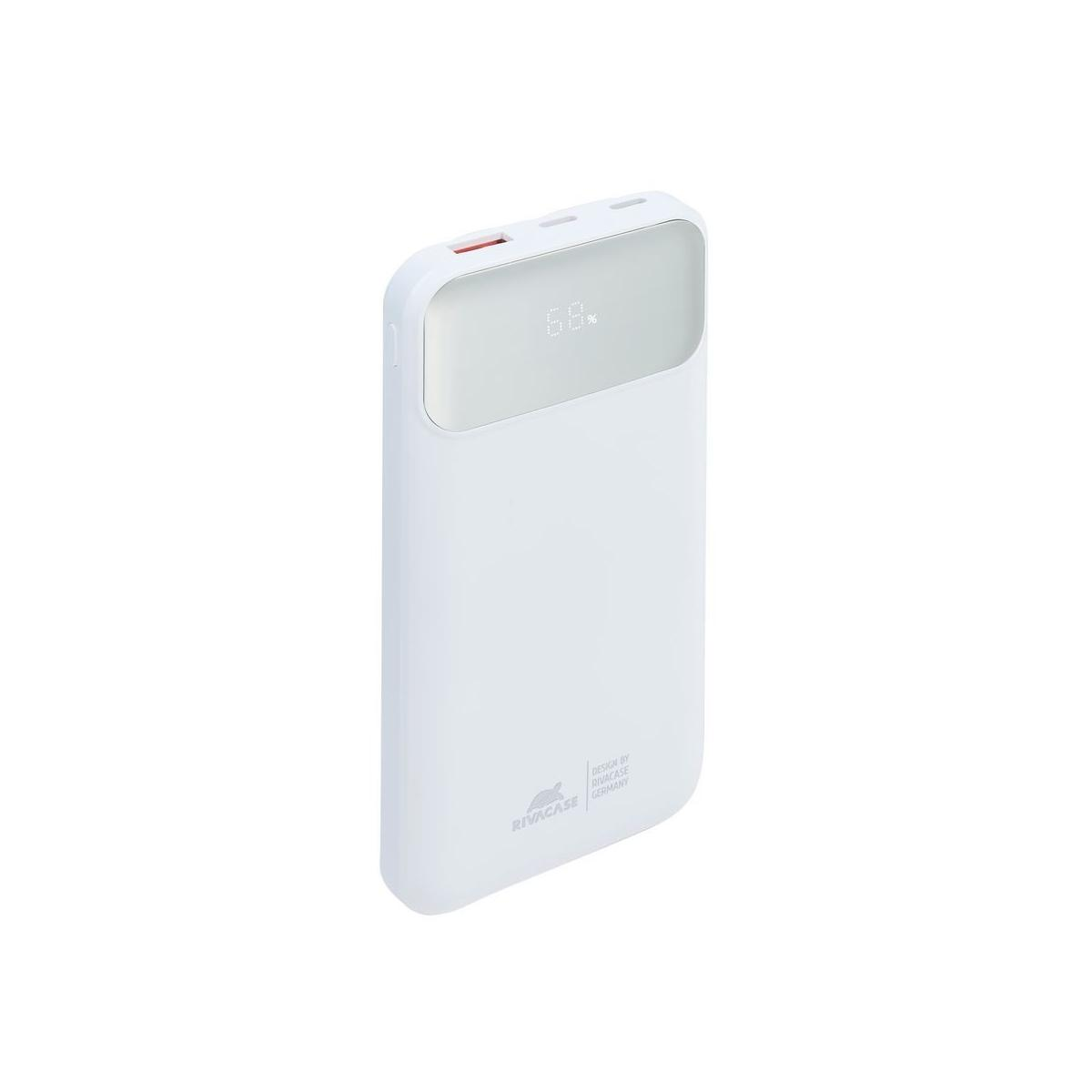 Power bank bianca con display digitale che mostra 68%. Logo e testo Rivacase in basso.