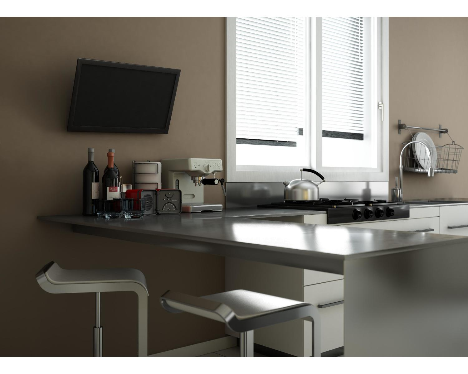 Cucina moderna con bancone, macchina da caffè, fornelli e TV.