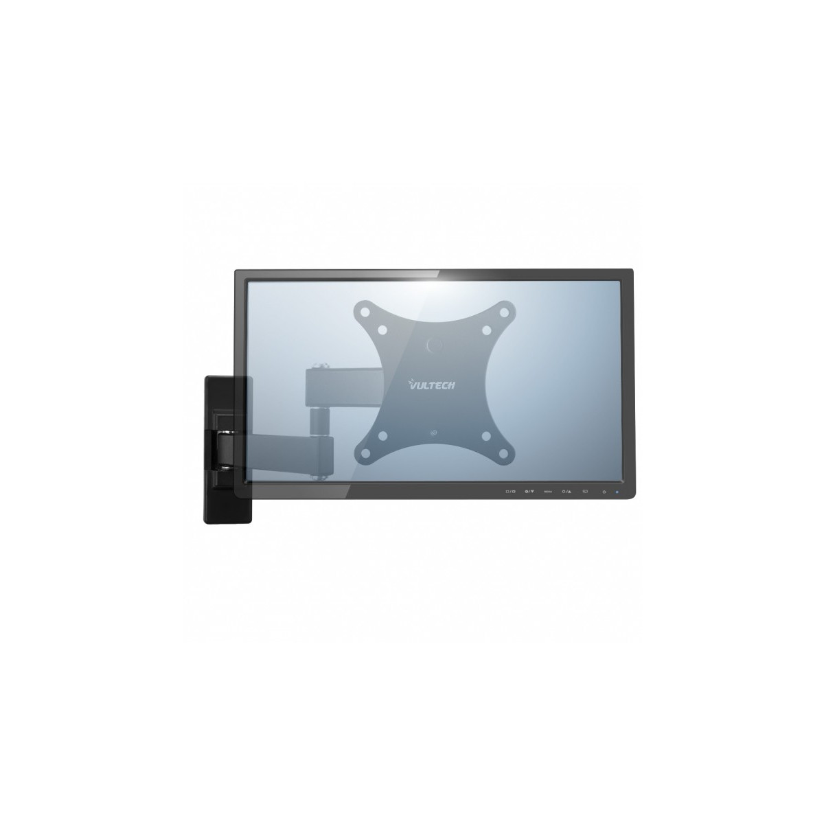 Een zwarte VULTECH monitorbeugel is bevestigd aan een zwarte flatscreen monitor.