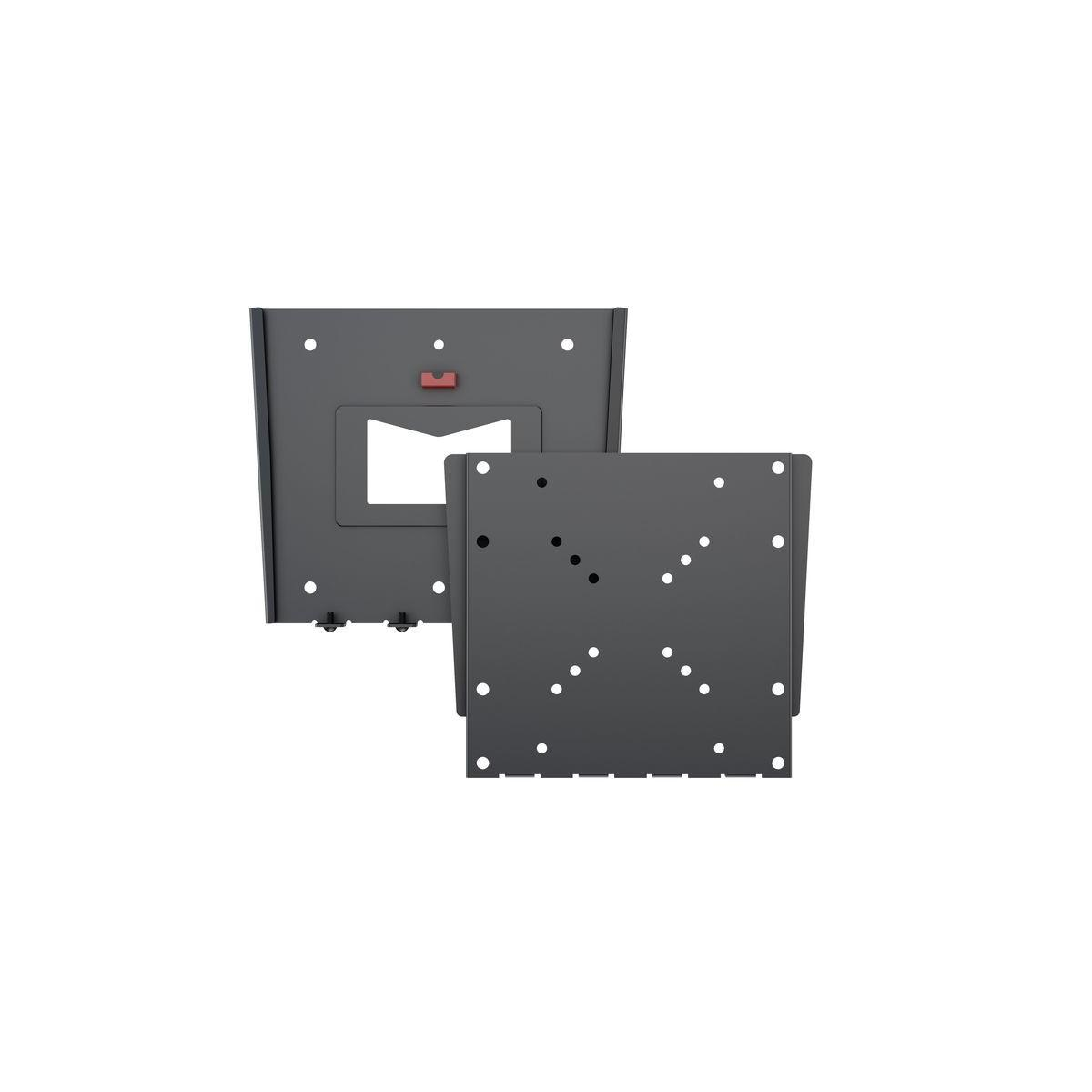 Zwei graue Metallplatten für TV-Halterungen, eine mit einem Ausschnitt und einem roten Hebel.