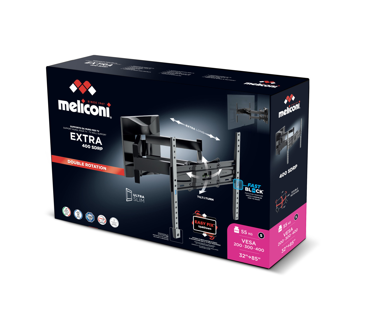 Emballage d'un support mural TV Meliconi, modèle EXTRA 400 SDRP, noir.