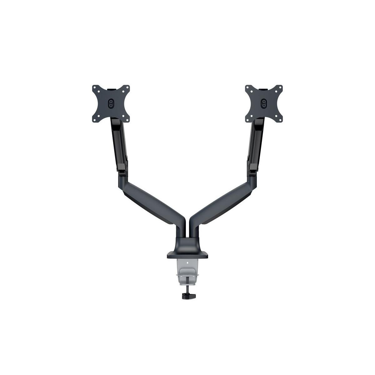 Un bras double pour moniteur noir avec base à pince sur fond blanc.