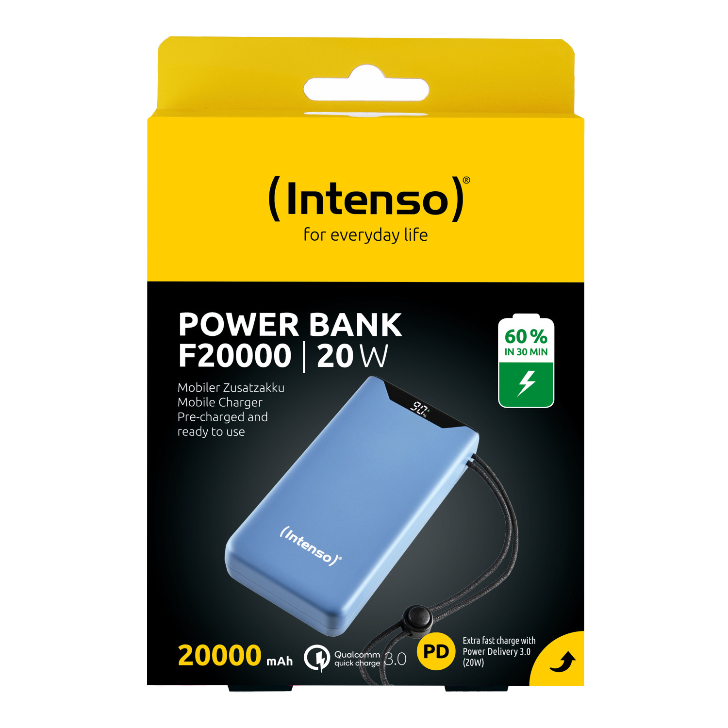 Power bank Intenso F20000, 20W, blu, con display che mostra 90% di carica.
