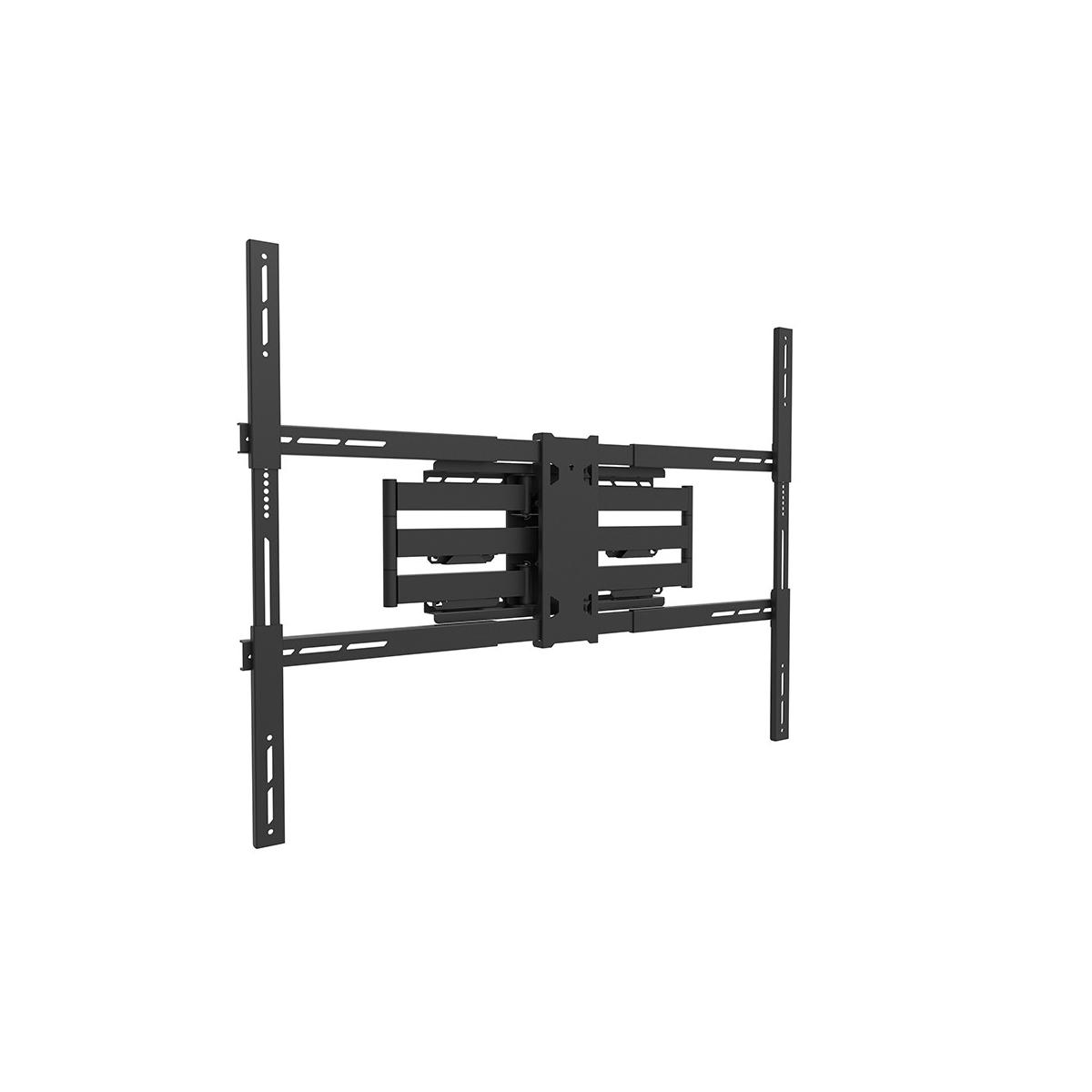 Un support mural TV noir articulé avec bras extensibles sur fond blanc.