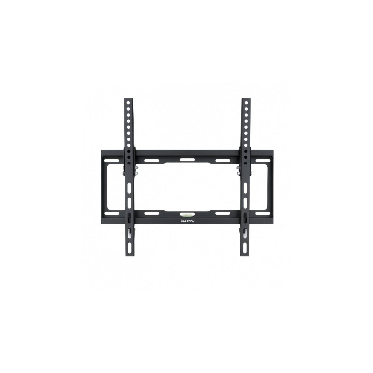 Soporte de pared para TV negro con nivel y brazos ajustables.
