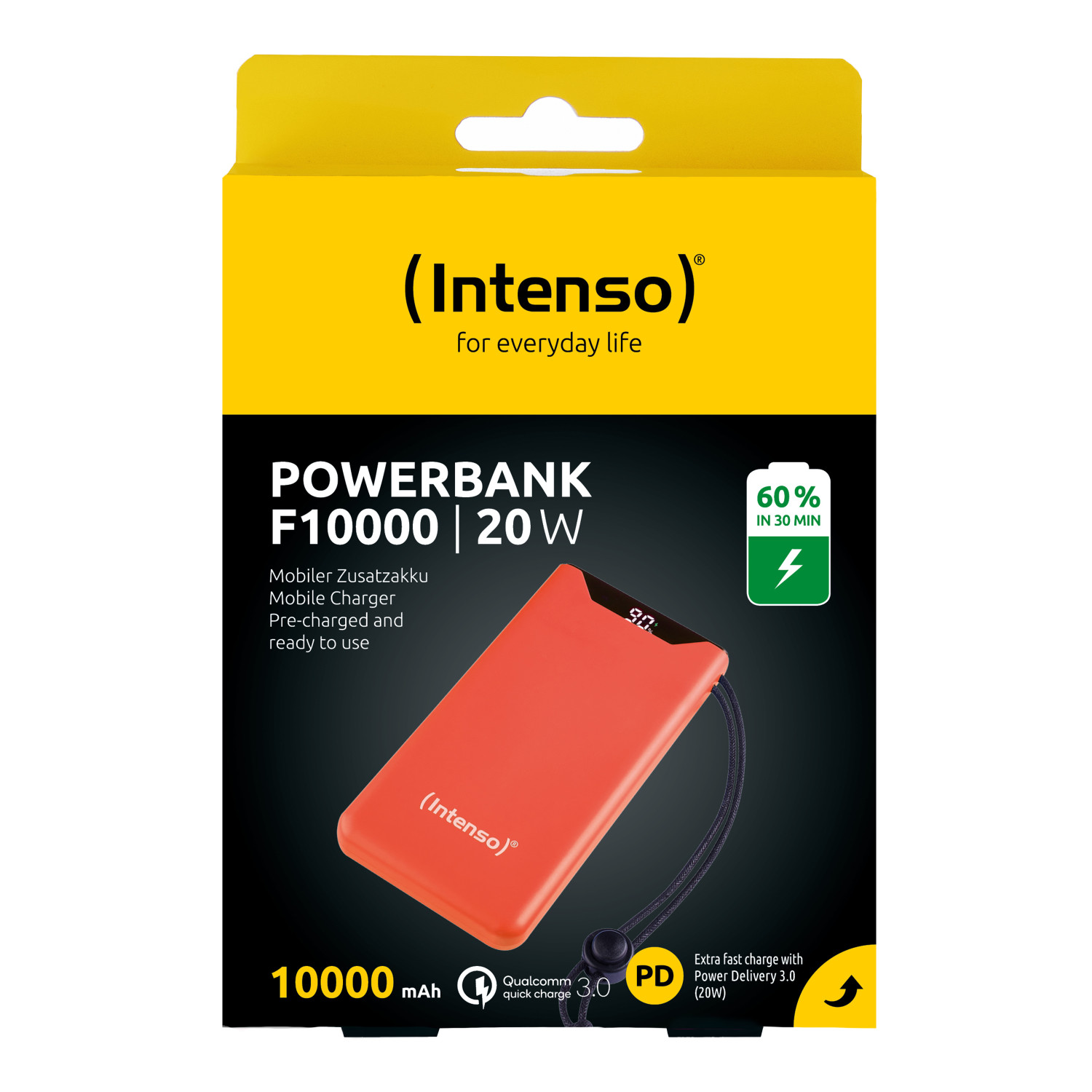 Batterie externe orange F10000 20W sur fond noir avec boîte jaune
