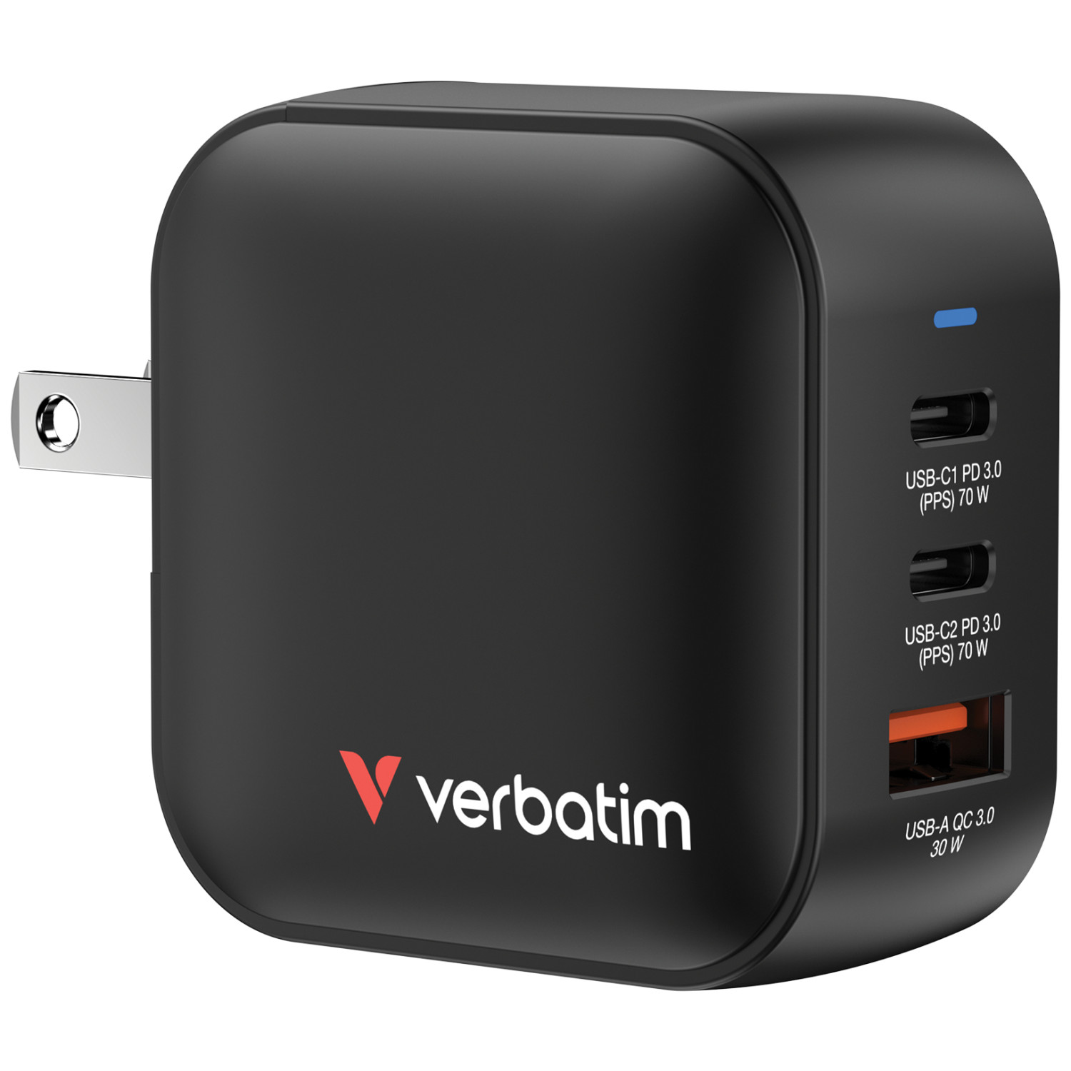 Schwarzer USB-C Ladegerät mit Verbatim-Logo, drei Anschlüssen und Netzstecker.