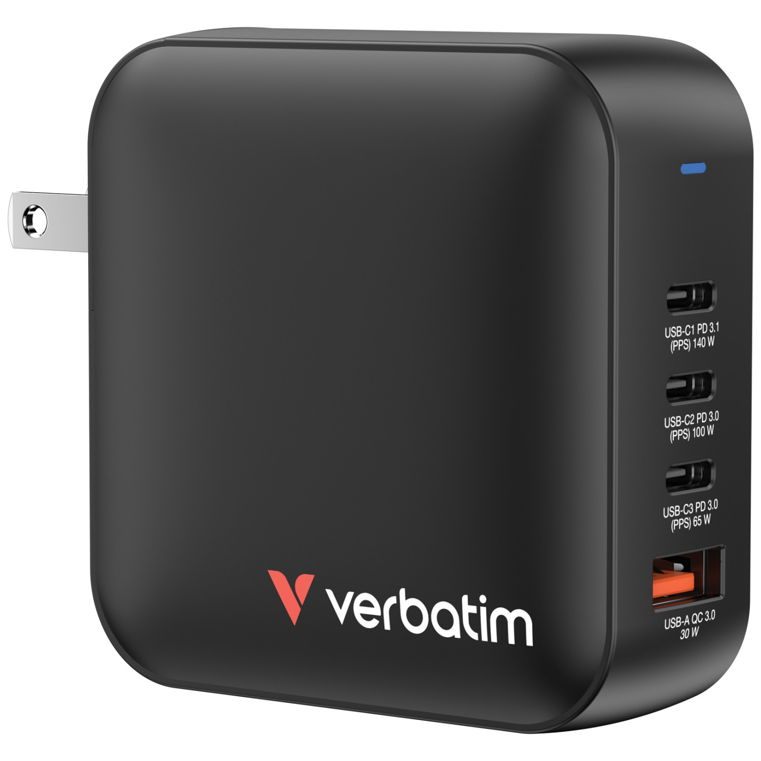 Schwarzer USB-C Ladegerät mit Verbatim-Logo und mehreren Anschlüssen.