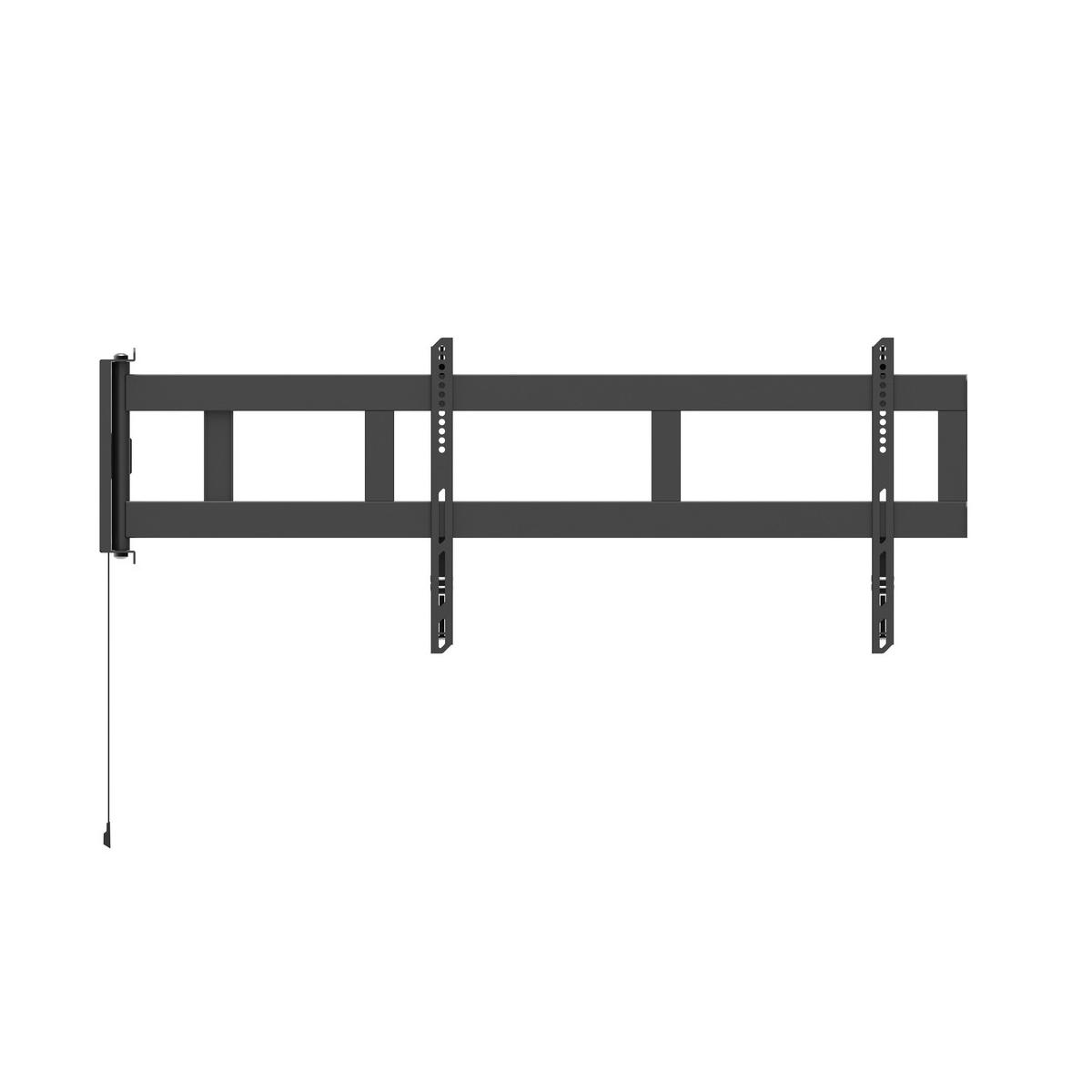 Eine schwarze TV-Wandhalterung aus Metall mit verstellbaren Armen und Montagelöchern.