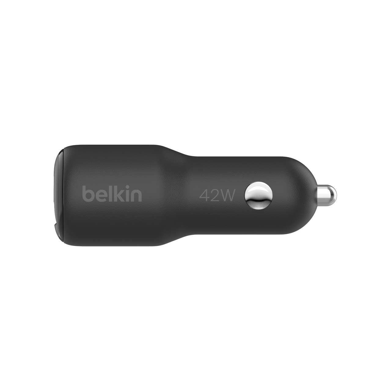 Caricatore auto Belkin nero da 42W con pulsante argento e punta metallica.