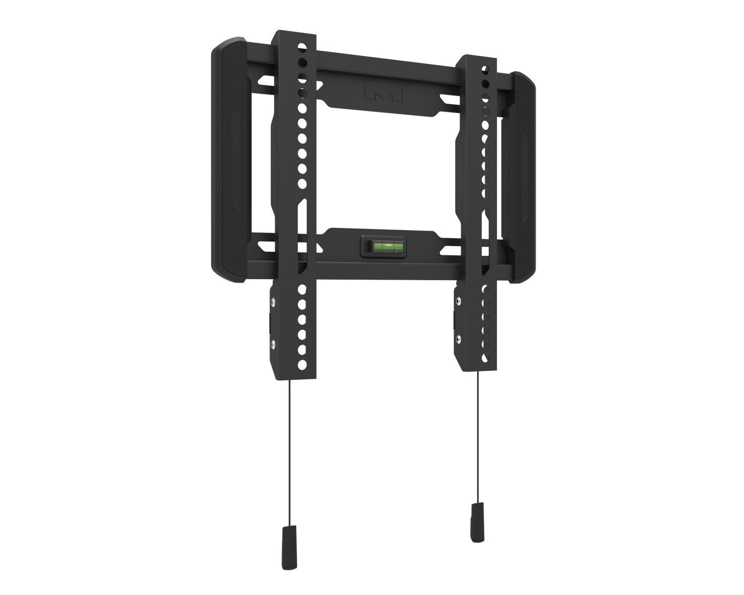 Schwarze TV-Wandhalterung mit integrierter Wasserwaage und Kabeln.
