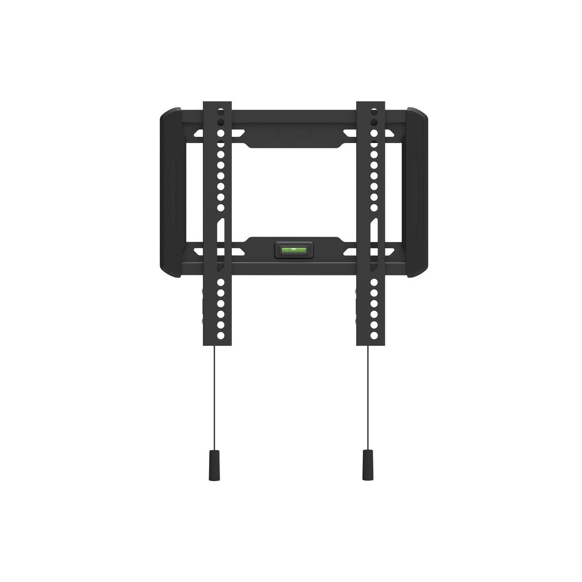 Schwarze TV-Wandhalterung mit Wasserwaage und Aufhängekabeln.