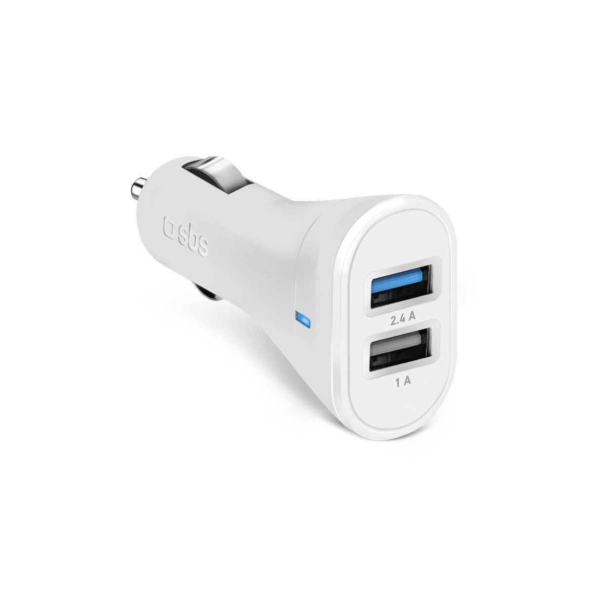 Cargador de coche blanco dual USB con logo SBS y LED azul.
