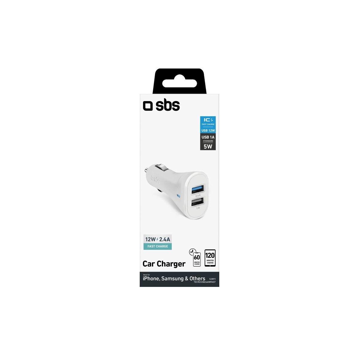 Cargador de coche SBS blanco dual USB en caja, 12W/2,4A.