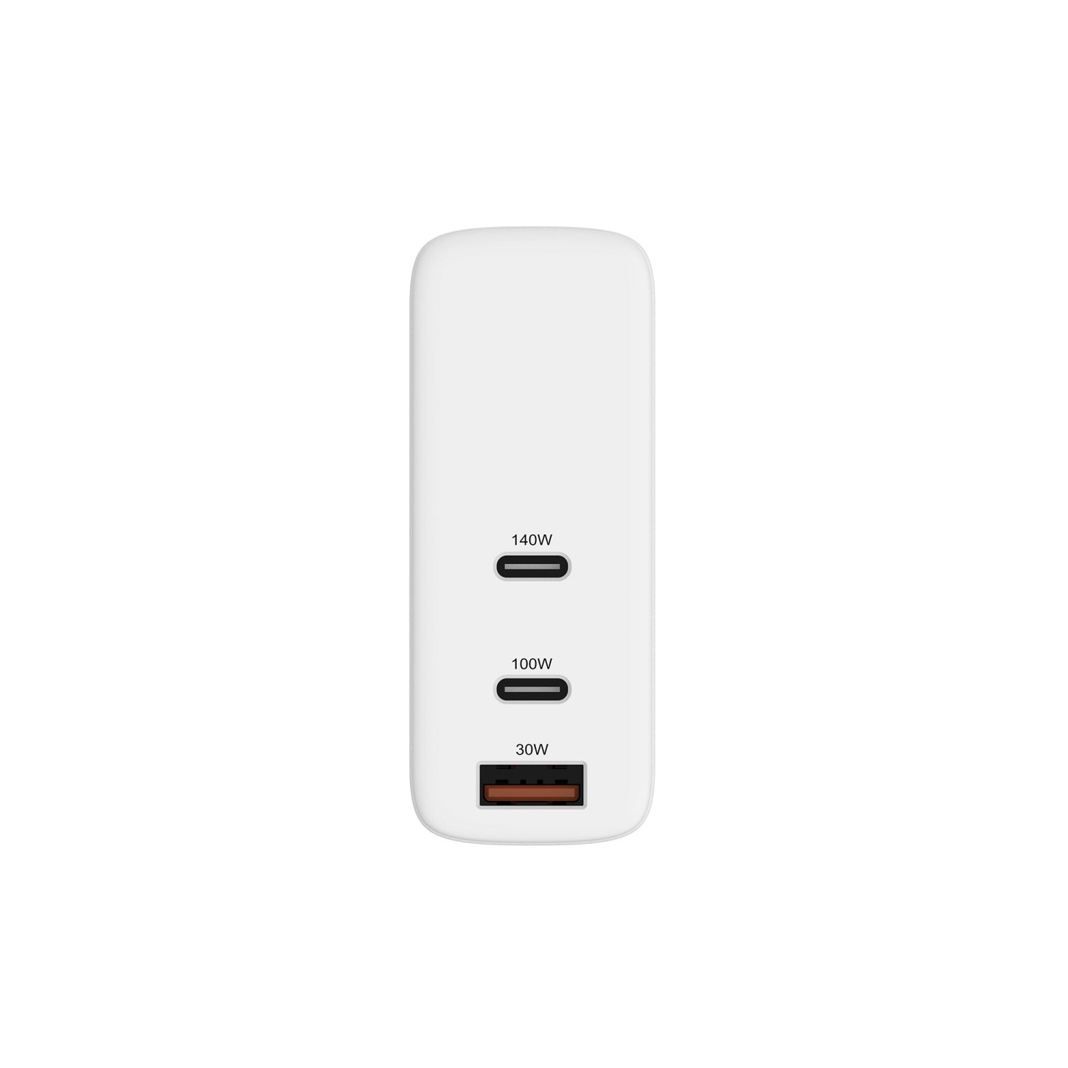 Un cargador USB-C blanco con dos puertos USB-C (140W, 100W) y un puerto USB-A (30W).
