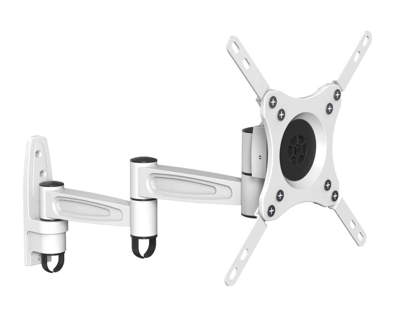 Un bras articulé blanc pour moniteur avec support mural et plaque VESA.