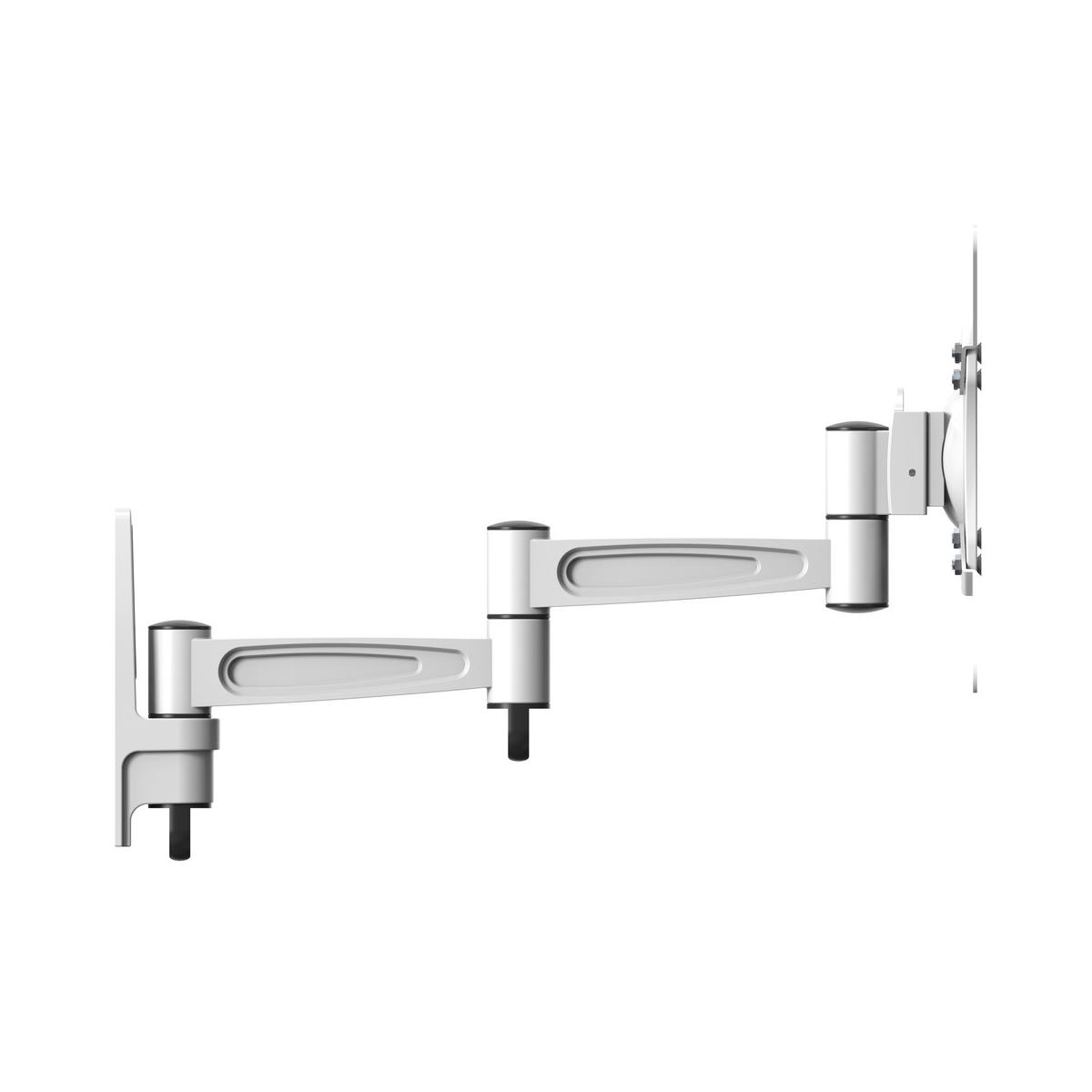 Un support mural TV blanc et articulé avec plusieurs bras extensibles.