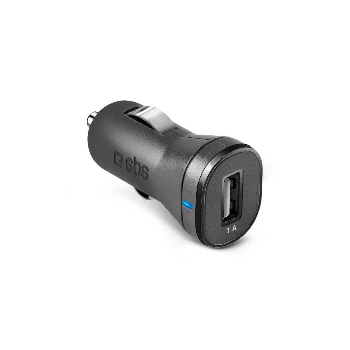 Un adaptador de cargador de coche negro con un puerto USB y logo SBS.