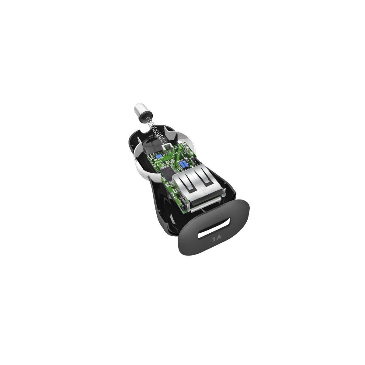 Vista interior de un cargador de coche negro con placa de circuito, dos puertos USB y resorte.