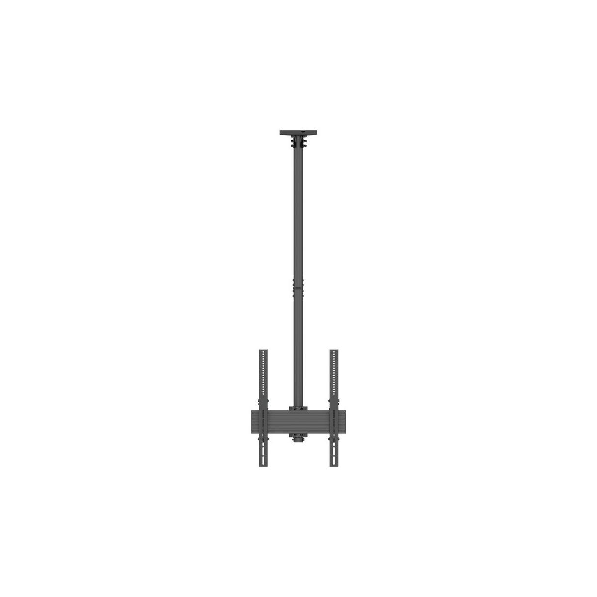 Schwarze Deckenhalterung für Fernseher mit langer Stange und verstellbarer Halterung.