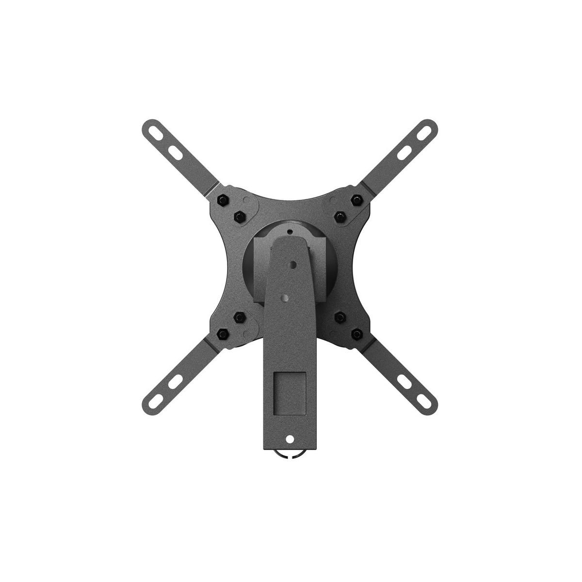 Support TV gris avec bras réglable et quatre supports en L.