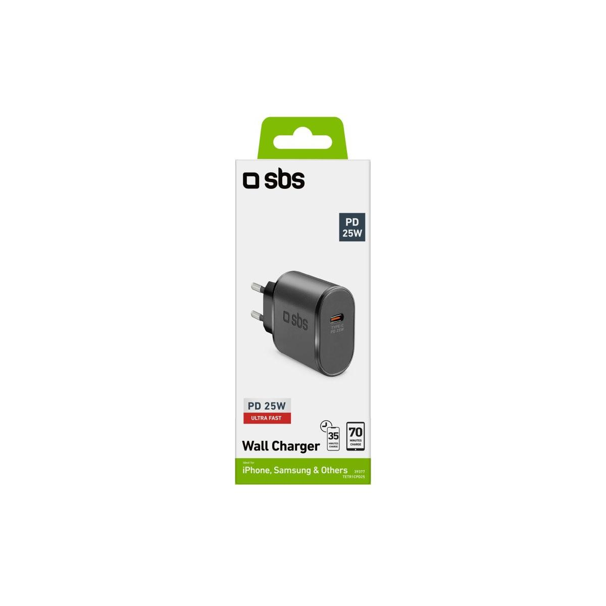 Caricatore da muro SBS 25W PD, nero, ideale per iPhone, Samsung.