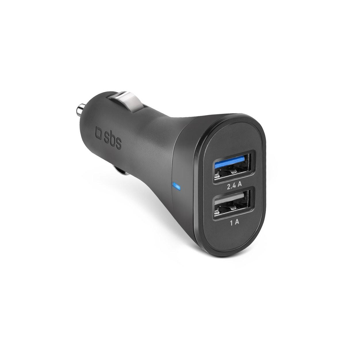 Un adattatore per caricabatterie per auto nero con due porte USB e logo SBS.