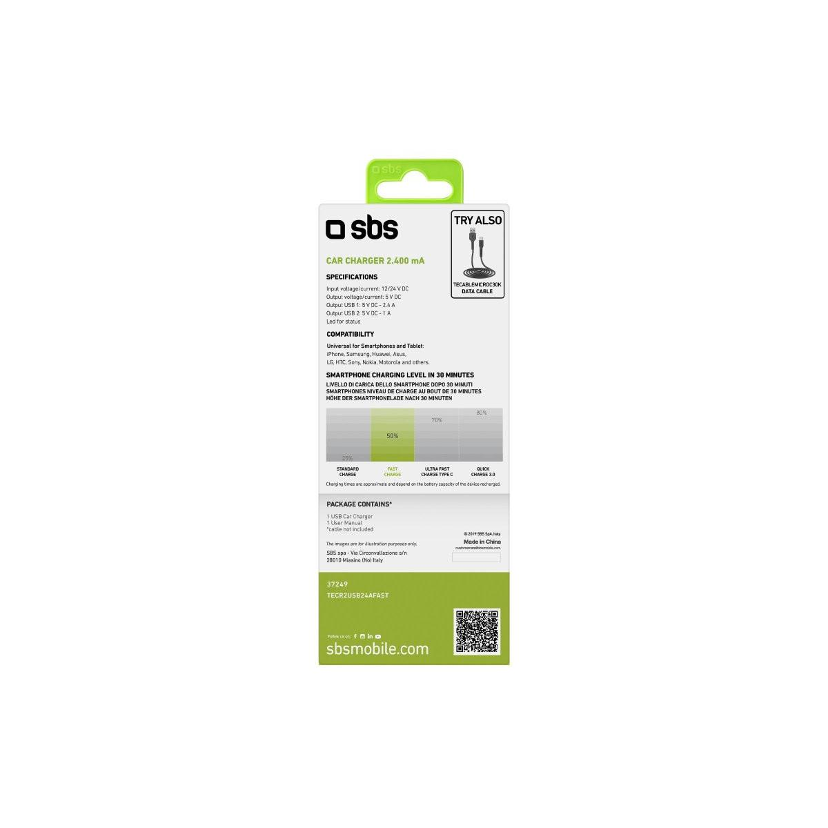 Caricabatterie auto SBS 2.400 mA con specifiche, compatibilità e tempi di ricarica.