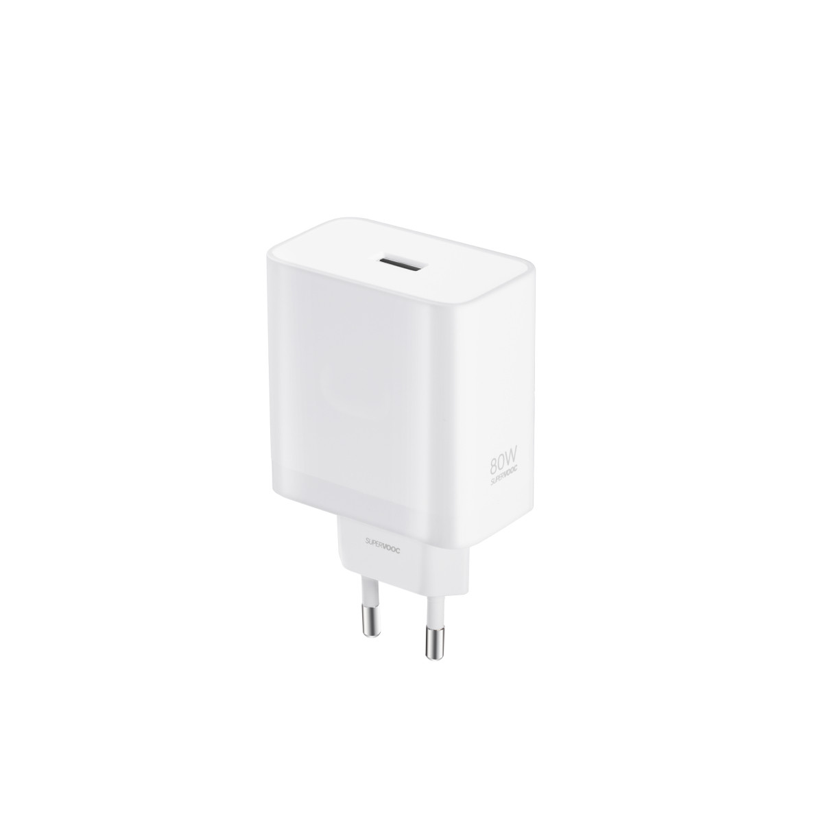 Biała ładowarka SuperVOOC 80W z rozkładanymi bolcami wtyczki.