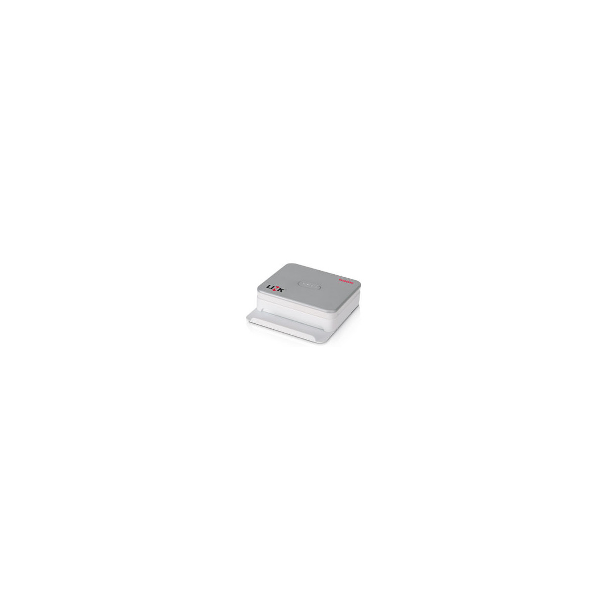 Un router Link grigio con base bianca su sfondo bianco.