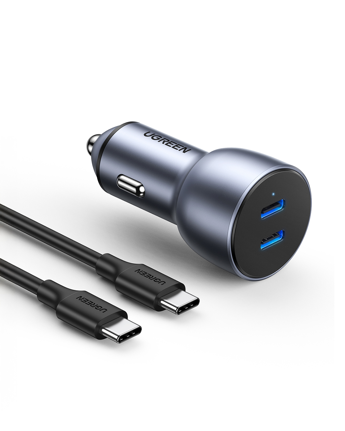 Caricatore USB da auto duale grigio con due cavi USB-C neri.