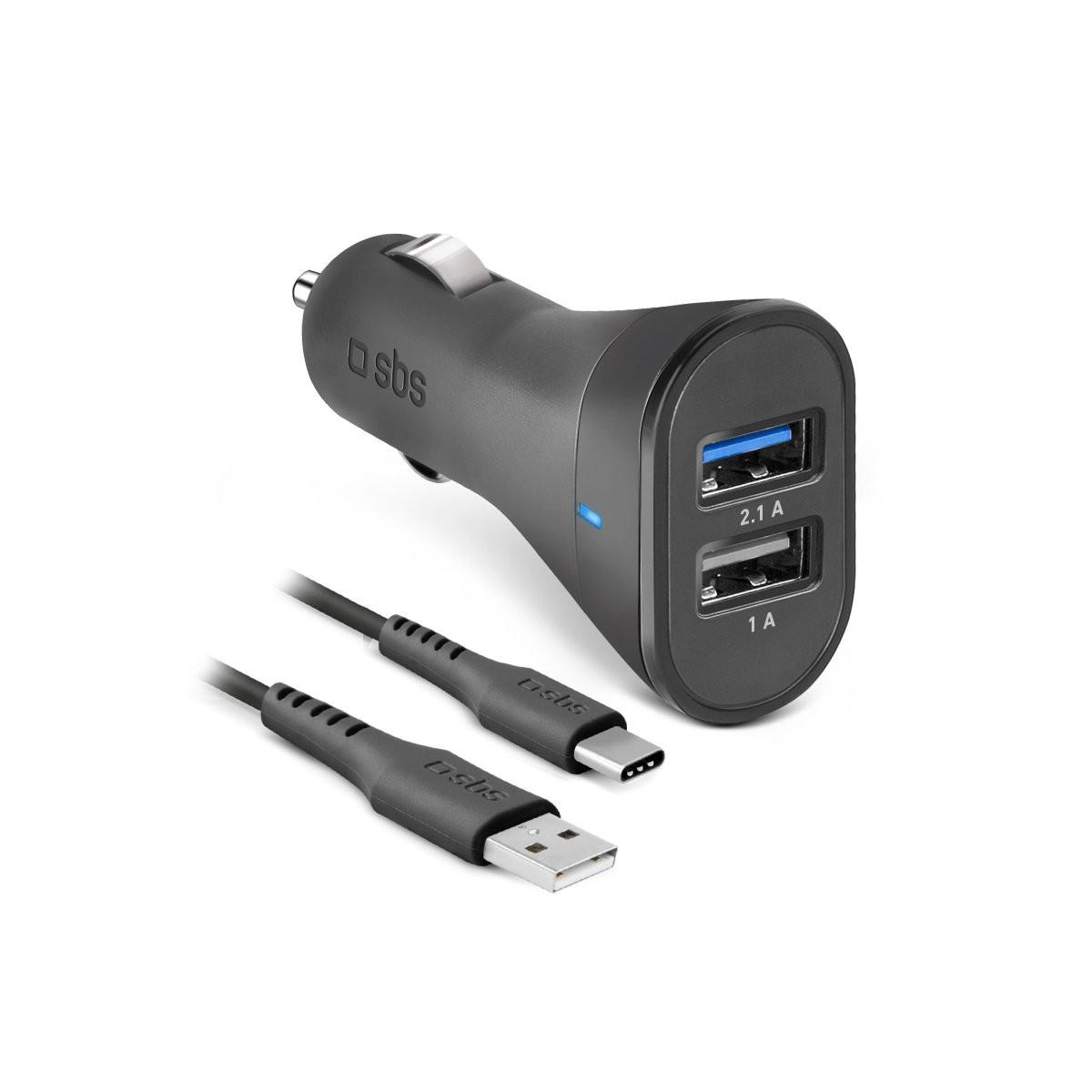 Cargador de coche gris oscuro con dos puertos USB y un cable USB-C.