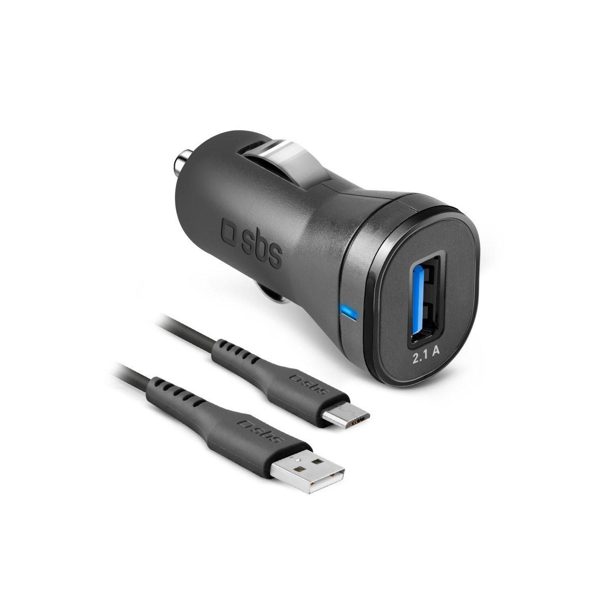 Adattatore per auto nero con porta USB e cavo USB-C.
