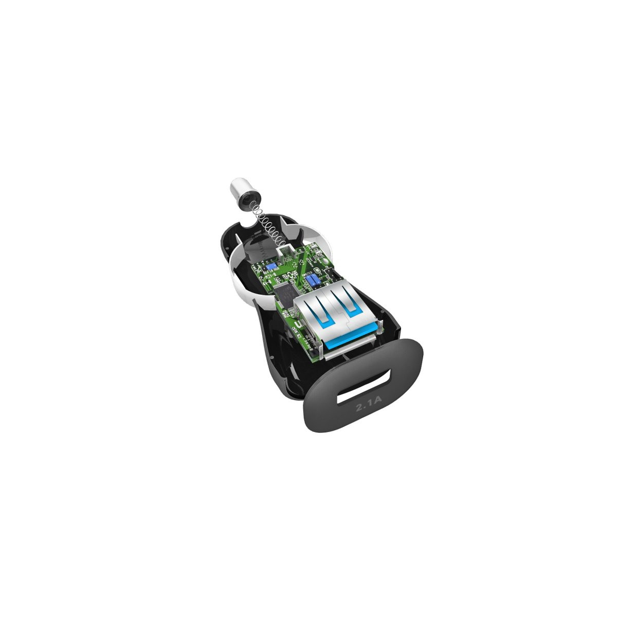 Caricabatterie per auto aperto mostra circuito, porte USB e cavo interno.