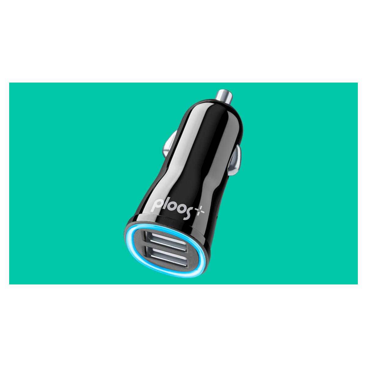 Un adaptador USB de coche negro con luz azul y dos puertos.