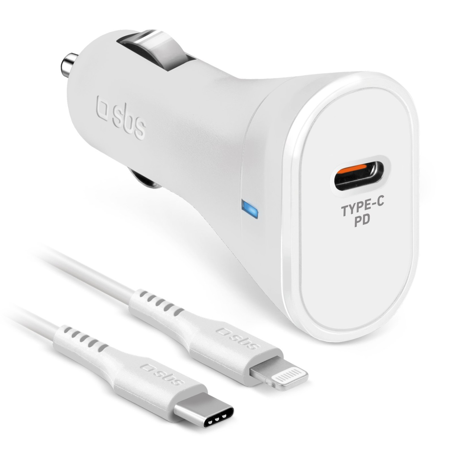 Een witte USB-C autolader met kabel en lightning connector.