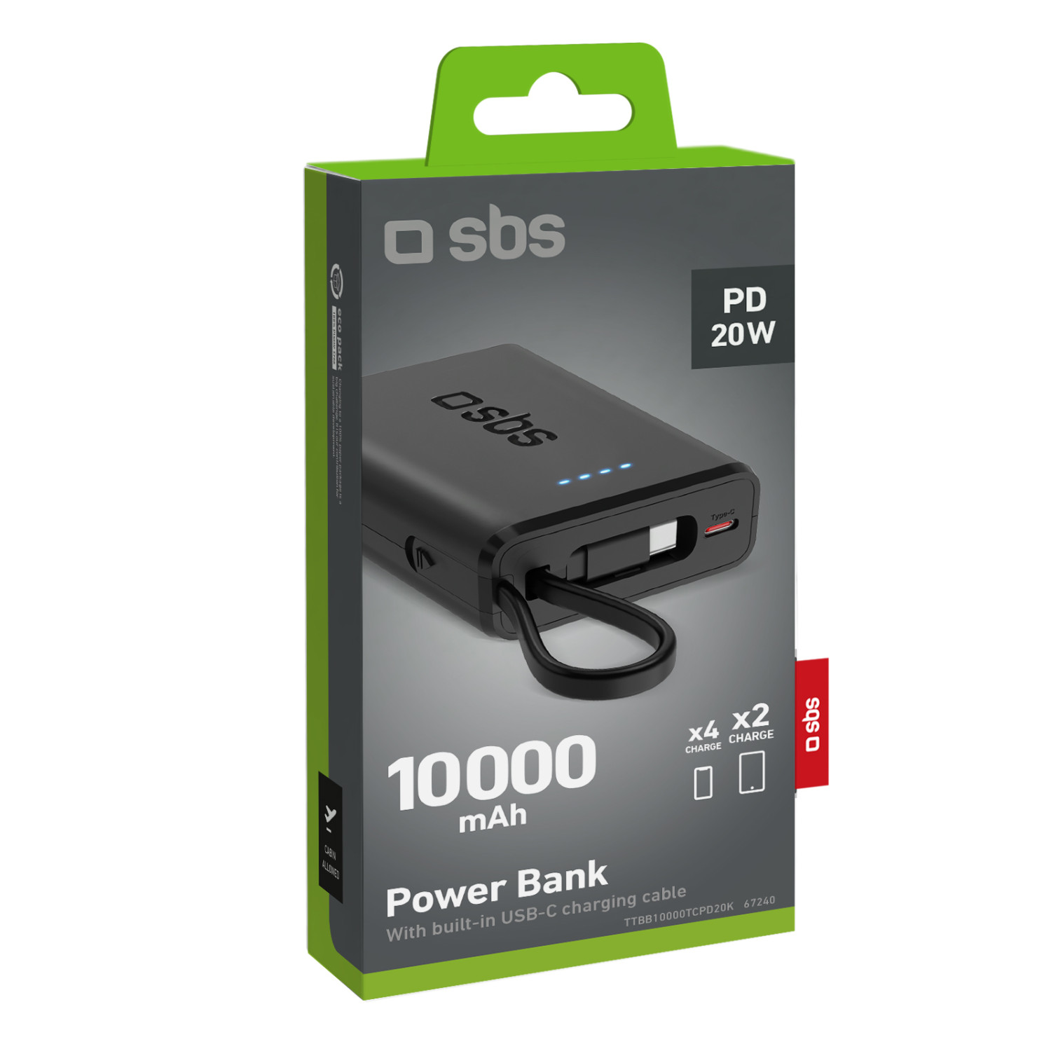 Power Bank SBS 10000mAh con PD 20W, cavo USB-C integrato, in scatola.