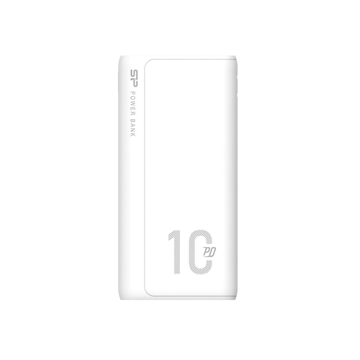 Una batería externa blanca con texto 'SP POWER BANK' y '1C PD'.