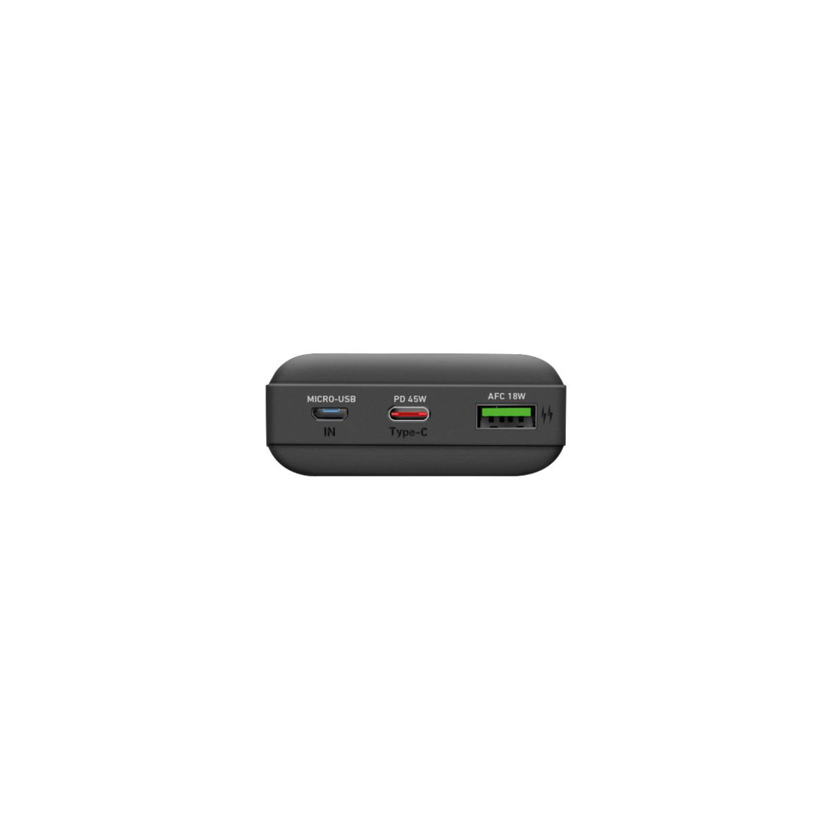 Porta power bank nera con Micro-USB, PD 45W, AFC 18W, Type-C.