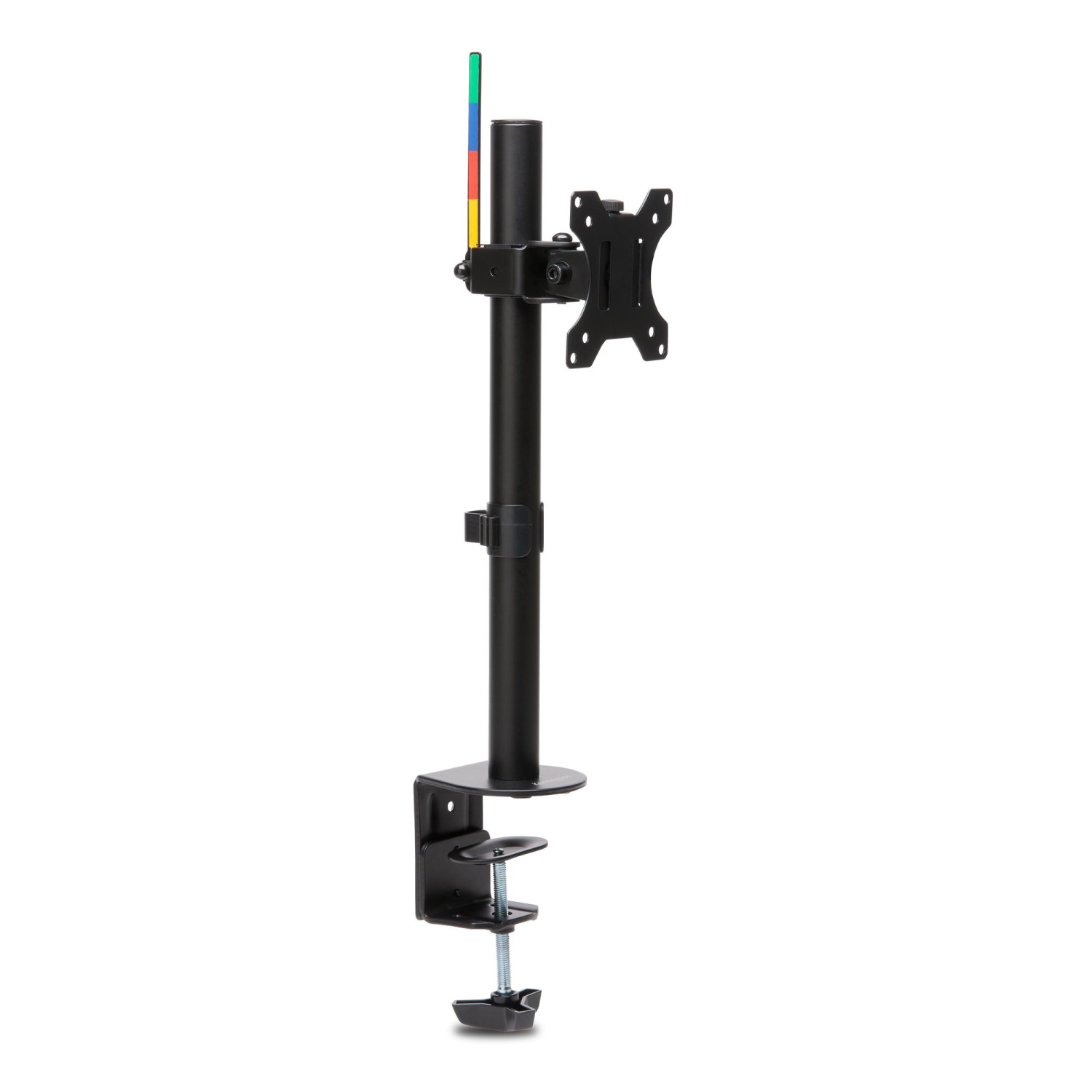 Black monitor stand with clamp base and VESA mount. Colorful indicator on top.