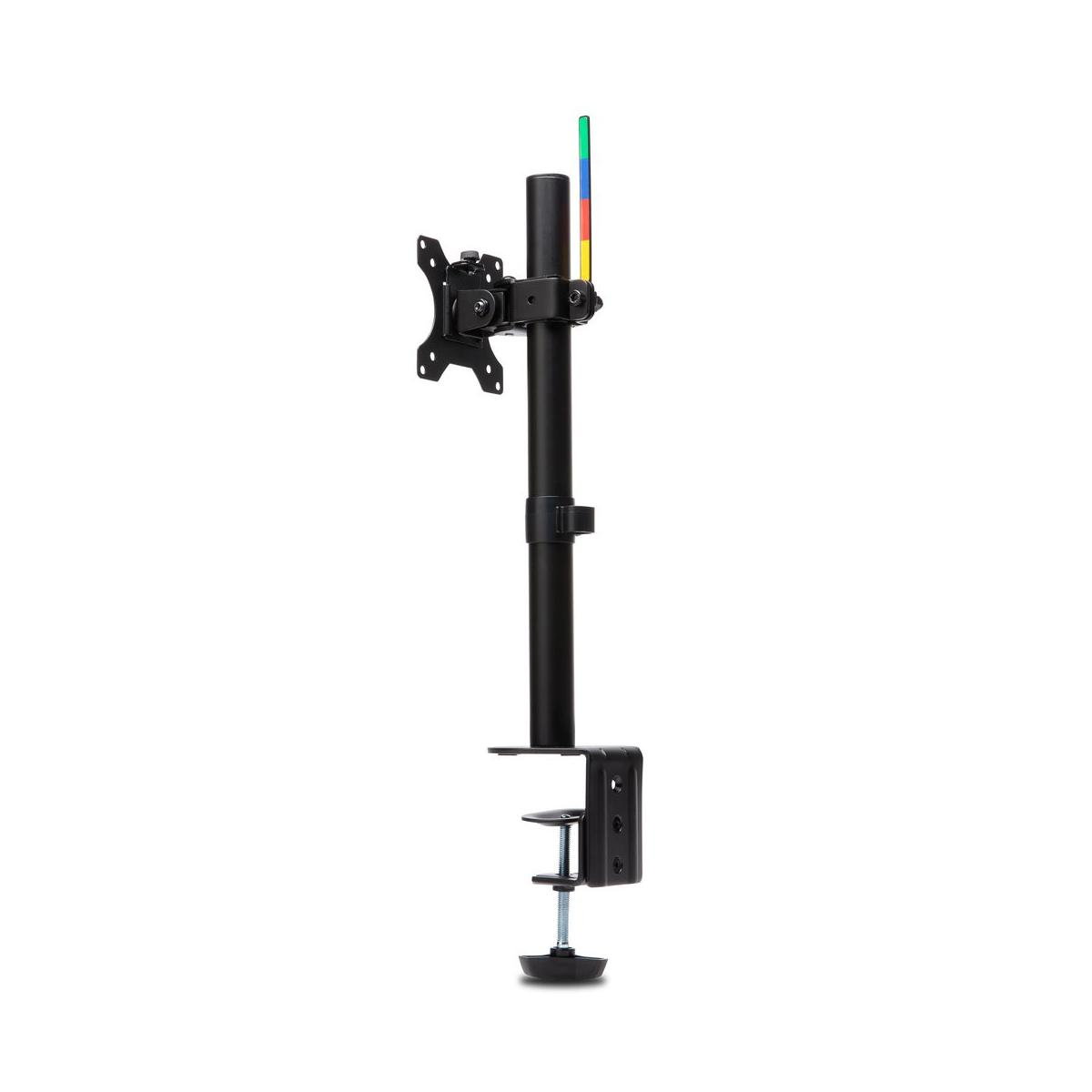 A black monitor arm with a clamp base and three colored sticks at the top.