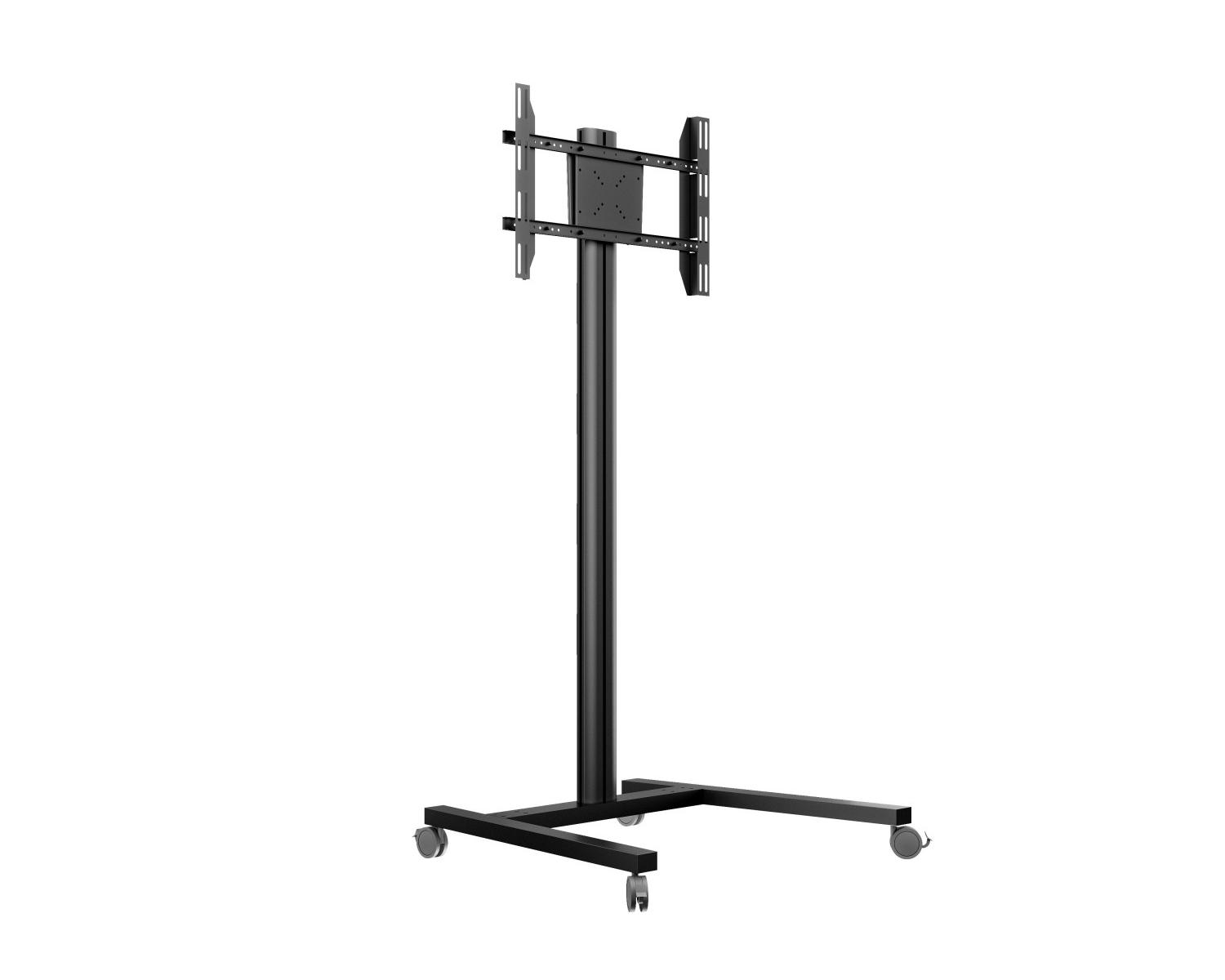 Support TV mobile noir avec poteau vertical et support TV en haut.