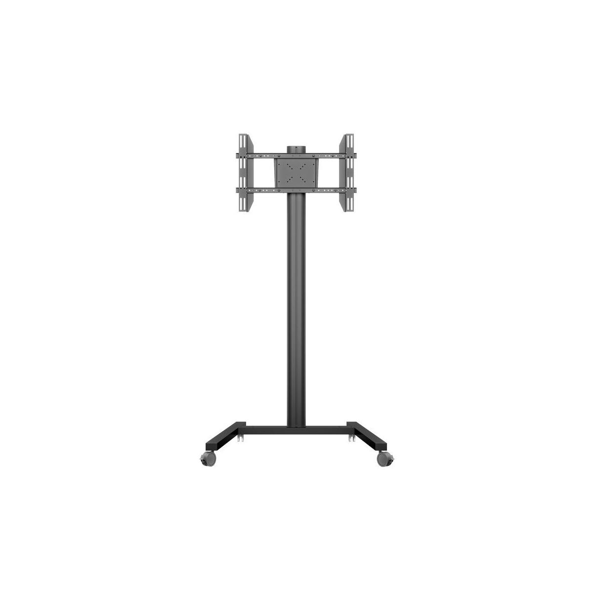 Un support TV noir sur roulettes avec un support pour écran.