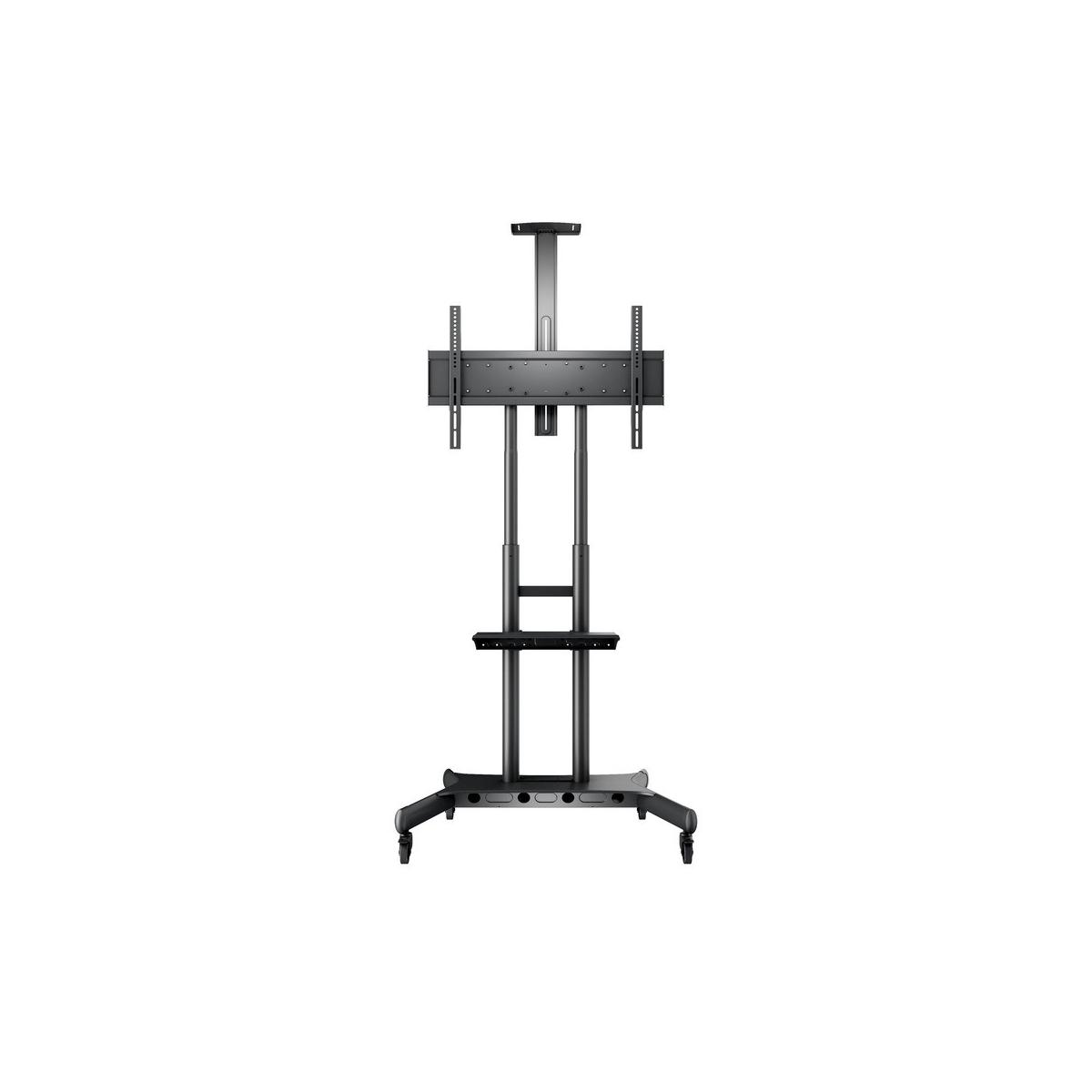Un supporto TV mobile nero con ruote, altezza regolabile e un supporto per schermo.