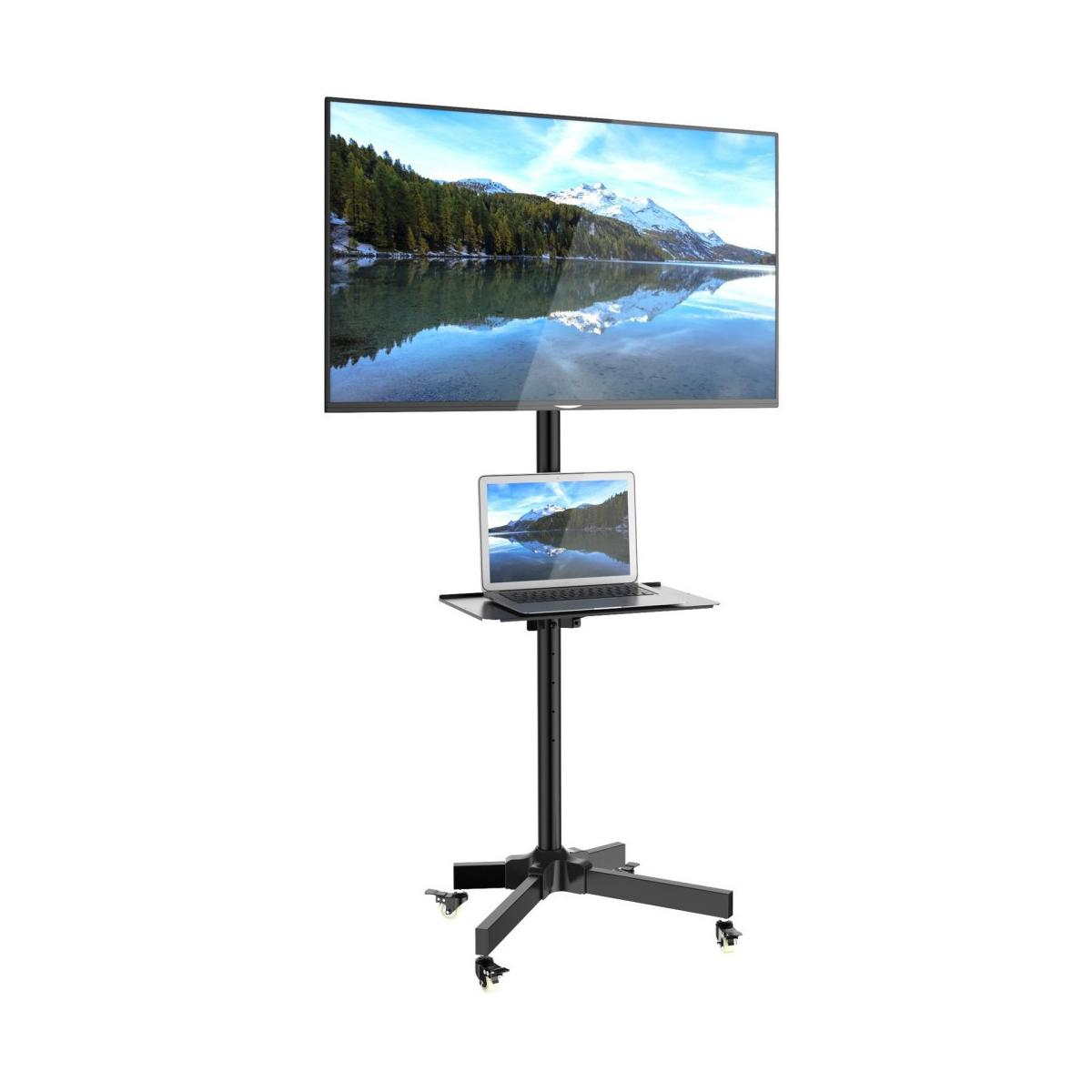 Un supporto TV nero con ruote, con sopra un laptop e un grande monitor.