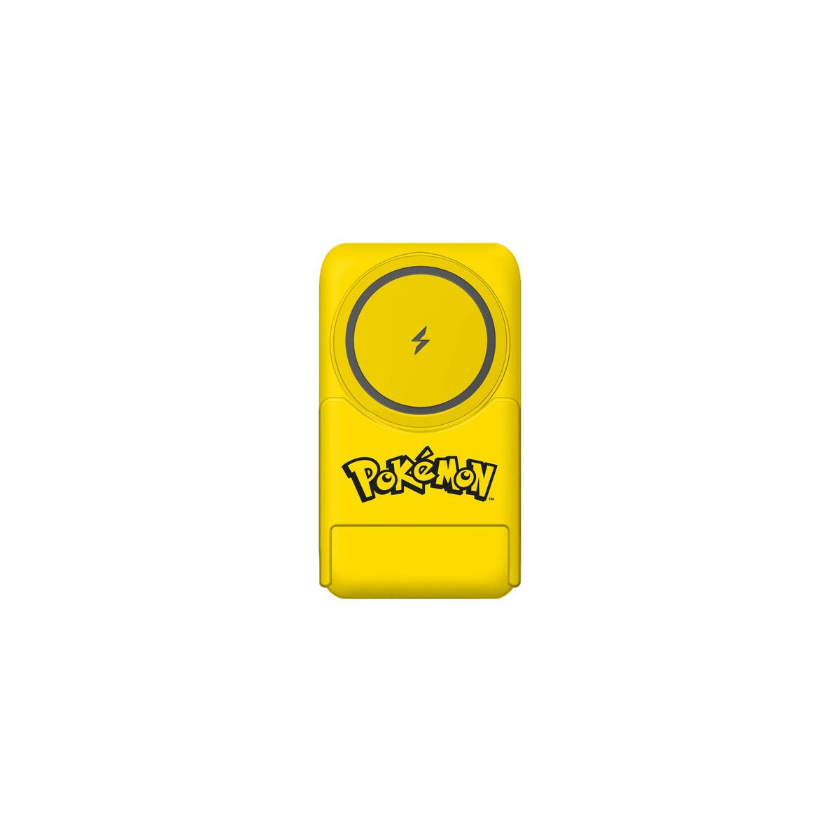 Étui de chargement Pokemon jaune avec symbole éclair noir et logo.