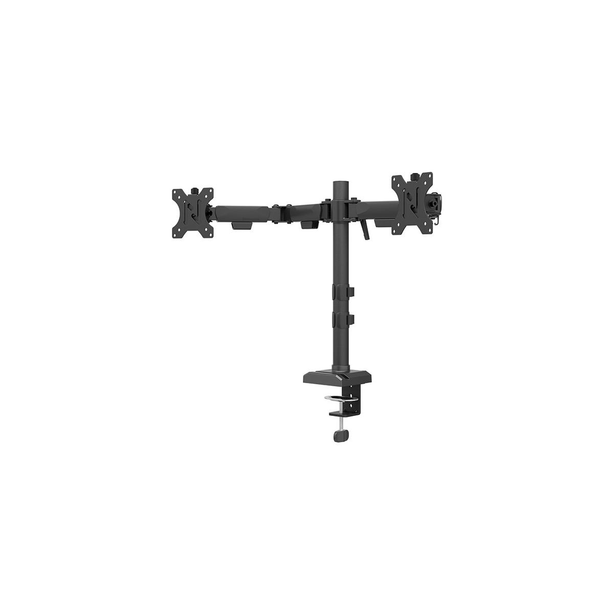 Black dual monitor arm with desk clamp and adjustable joints.