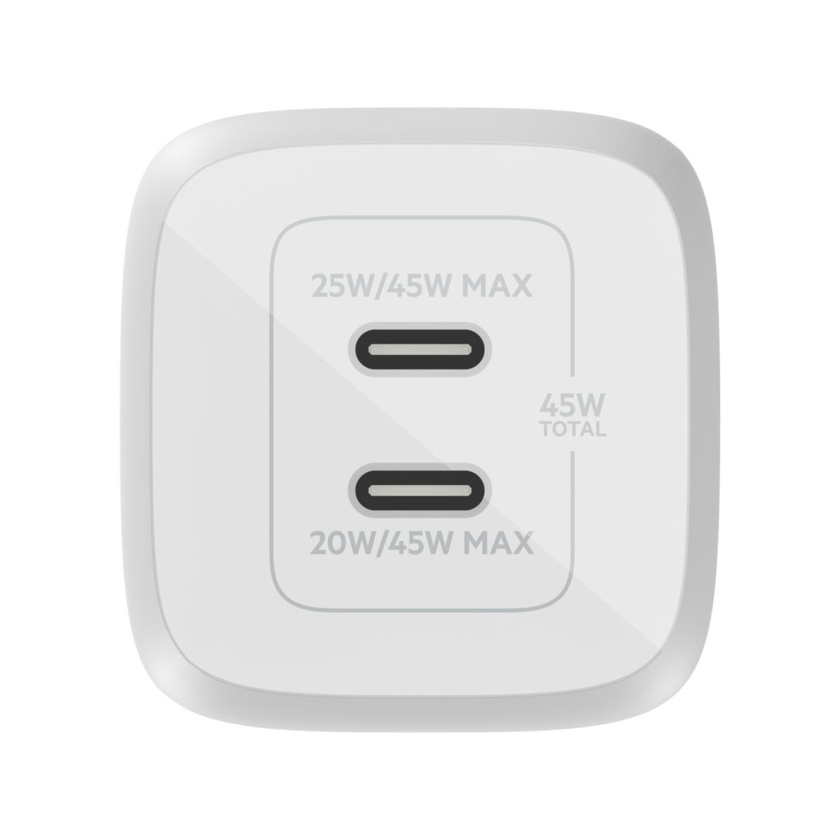 Un caricatore USB-C bianco da 45W con due porte.