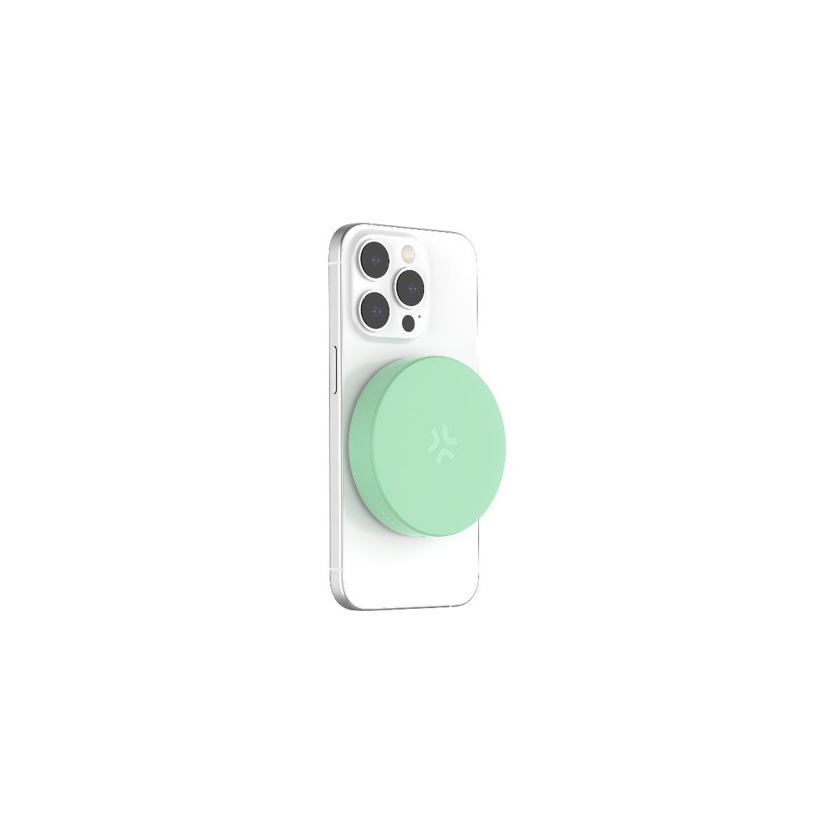 Una presa rotonda verde chiaro è attaccata al retro di un iPhone bianco.